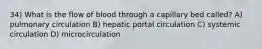 34) What is the flow of blood through a capillary bed called? A) pulmonary circulation B) hepatic portal circulation C) systemic circulation D) microcirculation