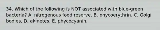 34. Which of the following is NOT associated with blue-green bacteria? A. nitrogenous food reserve. B. phycoerythrin. C. Golgi bodies. D. akinetes. E. phycocyanin.