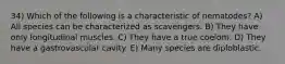 34) Which of the following is a characteristic of nematodes? A) All species can be characterized as scavengers. B) They have only longitudinal muscles. C) They have a true coelom. D) They have a gastrovascular cavity. E) Many species are diploblastic.