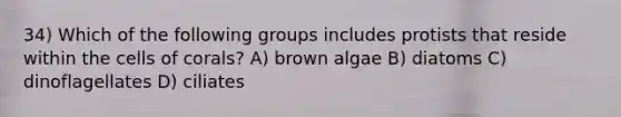 34) Which of the following groups includes protists that reside within the cells of corals? A) brown algae B) diatoms C) dinoflagellates D) ciliates