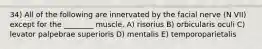 34) All of the following are innervated by the facial nerve (N VII) except for the ________ muscle. A) risorius B) orbicularis oculi C) levator palpebrae superioris D) mentalis E) temporoparietalis