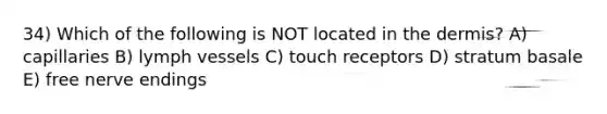 34) Which of the following is NOT located in the dermis? A) capillaries B) lymph vessels C) touch receptors D) stratum basale E) free nerve endings