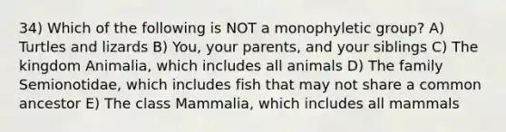 34) Which of the following is NOT a monophyletic group? A) Turtles and lizards B) You, your parents, and your siblings C) The kingdom Animalia, which includes all animals D) The family Semionotidae, which includes fish that may not share a common ancestor E) The class Mammalia, which includes all mammals