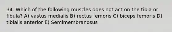 34. Which of the following muscles does not act on the tibia or fibula? A) vastus medialis B) rectus femoris C) biceps femoris D) tibialis anterior E) Semimembranosus