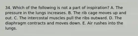 34. Which of the following is not a part of inspiration? A. The pressure in the lungs increases. B. The rib cage moves up and out. C. The intercostal muscles pull the ribs outward. D. The diaphragm contracts and moves down. E. Air rushes into the lungs.