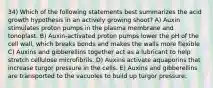 34) Which of the following statements best summarizes the acid growth hypothesis in an actively growing shoot? A) Auxin stimulates proton pumps in the plasma membrane and tonoplast. B) Auxin-activated proton pumps lower the pH of the cell wall, which breaks bonds and makes the walls more flexible C) Auxins and gibberellins together act as a lubricant to help stretch cellulose microfibrils. D) Auxins activate aquaporins that increase turgor pressure in the cells. E) Auxins and gibberellins are transported to the vacuoles to build up turgor pressure.