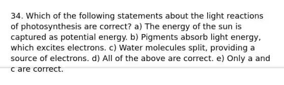 34. Which of the following statements about the light reactions of photosynthesis are correct? a) The energy of the sun is captured as potential energy. b) Pigments absorb light energy, which excites electrons. c) Water molecules split, providing a source of electrons. d) All of the above are correct. e) Only a and c are correct.