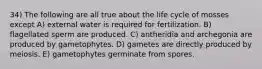 34) The following are all true about the life cycle of mosses except A) external water is required for fertilization. B) flagellated sperm are produced. C) antheridia and archegonia are produced by gametophytes. D) gametes are directly produced by meiosis. E) gametophytes germinate from spores.