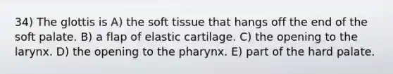 34) The glottis is A) the soft tissue that hangs off the end of the soft palate. B) a flap of elastic cartilage. C) the opening to the larynx. D) the opening to the pharynx. E) part of the hard palate.