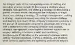 34) Integral parts of the managerial process of crafting and executing strategy include A) developing a strategic vision, strategic management, and crafting a strategy. B) developing a proven business model, deciding on the company's strategic intent, and crafting a strategy. C) strategic management, crafting a strategy, implementing and executing the chosen strategy, and deciding how much of the company's resources to employ in the pursuit of sustainable competitive advantage. D) coming up with a statement of the company's mission and purpose, strategic management, choosing what business approaches to employ, selecting a business model, and monitoring developments. E) deciding on the company's strategic intent, setting financial objectives, crafting a strategy, and choosing what business approaches and operating practices to employ.