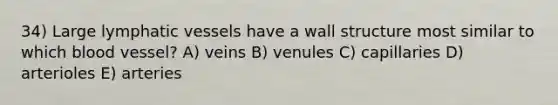 34) Large lymphatic vessels have a wall structure most similar to which blood vessel? A) veins B) venules C) capillaries D) arterioles E) arteries