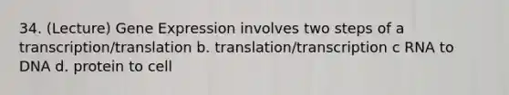 34. (Lecture) Gene Expression involves two steps of a transcription/translation b. translation/transcription c RNA to DNA d. protein to cell