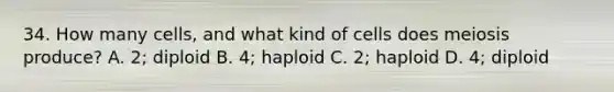 34. How many cells, and what kind of cells does meiosis produce? A. 2; diploid B. 4; haploid C. 2; haploid D. 4; diploid