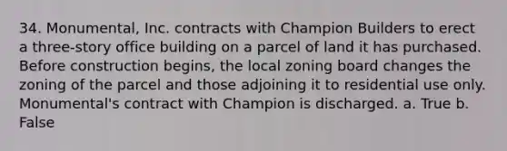 34. Monumental, Inc. contracts with Champion Builders to erect a three-story office building on a parcel of land it has purchased. Before construction begins, the local zoning board changes the zoning of the parcel and those adjoining it to residential use only. Monumental's contract with Champion is discharged. a. True b. False