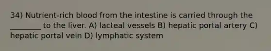 34) Nutrient-rich blood from the intestine is carried through the ________ to the liver. A) lacteal vessels B) hepatic portal artery C) hepatic portal vein D) lymphatic system