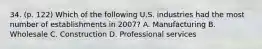 34. (p. 122) Which of the following U.S. industries had the most number of establishments in 2007? A. Manufacturing B. Wholesale C. Construction D. Professional services