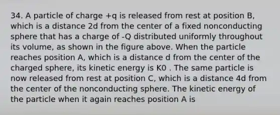 34. A particle of charge +q is released from rest at position B, which is a distance 2d from the center of a fixed nonconducting sphere that has a charge of -Q distributed uniformly throughout its volume, as shown in the figure above. When the particle reaches position A, which is a distance d from the center of the charged sphere, its kinetic energy is K0 . The same particle is now released from rest at position C, which is a distance 4d from the center of the nonconducting sphere. The kinetic energy of the particle when it again reaches position A is