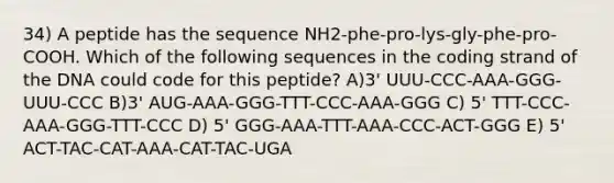 34) A peptide has the sequence NH2-phe-pro-lys-gly-phe-pro-COOH. Which of the following sequences in the coding strand of the DNA could code for this peptide? A)3' UUU-CCC-AAA-GGG-UUU-CCC B)3' AUG-AAA-GGG-TTT-CCC-AAA-GGG C) 5' TTT-CCC-AAA-GGG-TTT-CCC D) 5' GGG-AAA-TTT-AAA-CCC-ACT-GGG E) 5' ACT-TAC-CAT-AAA-CAT-TAC-UGA