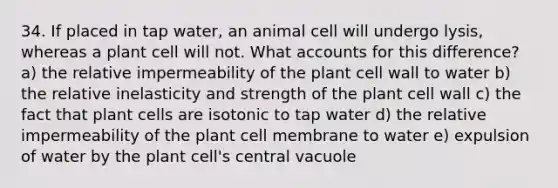 34. If placed in tap water, an animal cell will undergo lysis, whereas a plant cell will not. What accounts for this difference? a) the relative impermeability of the plant cell wall to water b) the relative inelasticity and strength of the plant cell wall c) the fact that plant cells are isotonic to tap water d) the relative impermeability of the plant cell membrane to water e) expulsion of water by the plant cell's central vacuole