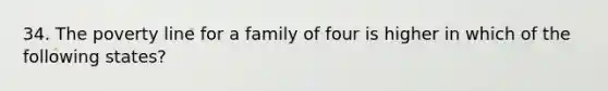 34. The poverty line for a family of four is higher in which of the following states?