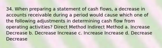 34. When preparing a statement of cash flows, a decrease in accounts receivable during a period would cause which one of the following adjustments in determining cash flow from operating activities? Direct Method Indirect Method a. Increase Decrease b. Decrease Increase c. Increase Increase d. Decrease Decrease