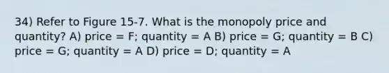 34) Refer to Figure 15-7. What is the monopoly price and quantity? A) price = F; quantity = A B) price = G; quantity = B C) price = G; quantity = A D) price = D; quantity = A