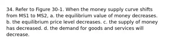 34. Refer to Figure 30-1. When the money supply curve shifts from MS1 to MS2, a. the equilibrium value of money decreases. b. the equilibrium price level decreases. c. the supply of money has decreased. d. the demand for goods and services will decrease.