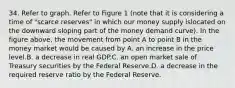 34. Refer to graph. Refer to Figure 1 (note that it is considering a time of "scarce reserves" in which our money supply islocated on the downward sloping part of the money demand curve). In the figure above, the movement from point A to point B in the money market would be caused by A. an increase in the price level.B. a decrease in real GDP.C. an open market sale of Treasury securities by the Federal Reserve.D. a decrease in the required reserve ratio by the Federal Reserve.