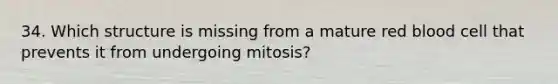 34. Which structure is missing from a mature red blood cell that prevents it from undergoing mitosis?