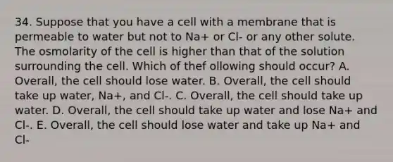 34. Suppose that you have a cell with a membrane that is permeable to water but not to Na+ or Cl- or any other solute. The osmolarity of the cell is higher than that of the solution surrounding the cell. Which of thef ollowing should occur? A. Overall, the cell should lose water. B. Overall, the cell should take up water, Na+, and Cl-. C. Overall, the cell should take up water. D. Overall, the cell should take up water and lose Na+ and Cl-. E. Overall, the cell should lose water and take up Na+ and Cl-