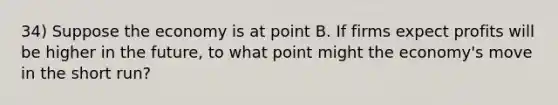 34) Suppose the economy is at point B. If firms expect profits will be higher in the future, to what point might the economy's move in the short run?