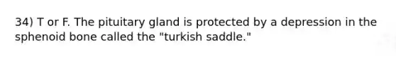 34) T or F. The pituitary gland is protected by a depression in the sphenoid bone called the "turkish saddle."