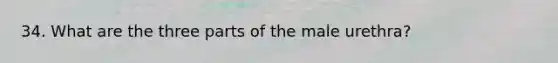 34. What are the three parts of the male urethra?