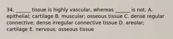 34. ______ tissue is highly vascular, whereas ______ is not. A. epithelial; cartilage B. muscular; osseous tissue C. dense regular connective; dense irregular connective tissue D. areolar; cartilage E. nervous; osseous tissue