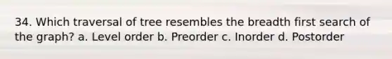 34. Which traversal of tree resembles the breadth first search of the graph? a. Level order b. Preorder c. Inorder d. Postorder