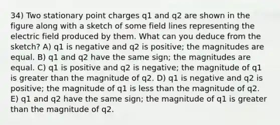 34) Two stationary point charges q1 and q2 are shown in the figure along with a sketch of some field lines representing the electric field produced by them. What can you deduce from the sketch? A) q1 is negative and q2 is positive; the magnitudes are equal. B) q1 and q2 have the same sign; the magnitudes are equal. C) q1 is positive and q2 is negative; the magnitude of q1 is greater than the magnitude of q2. D) q1 is negative and q2 is positive; the magnitude of q1 is less than the magnitude of q2. E) q1 and q2 have the same sign; the magnitude of q1 is greater than the magnitude of q2.