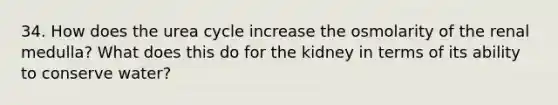 34. How does the urea cycle increase the osmolarity of the renal medulla? What does this do for the kidney in terms of its ability to conserve water?