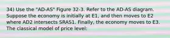 34) Use the "AD-AS" Figure 32-3. Refer to the AD-AS diagram. Suppose the economy is initially at E1, and then moves to E2 where AD2 intersects SRAS1. Finally, the economy moves to E3. The classical model of price level: