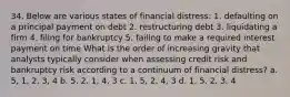 34. Below are various states of financial distress: 1. defaulting on a principal payment on debt 2. restructuring debt 3. liquidating a firm 4. filing for bankruptcy 5. failing to make a required interest payment on time What is the order of increasing gravity that analysts typically consider when assessing credit risk and bankruptcy risk according to a continuum of financial distress? a. 5, 1, 2, 3, 4 b. 5, 2, 1, 4, 3 c. 1, 5, 2, 4, 3 d. 1, 5, 2, 3, 4