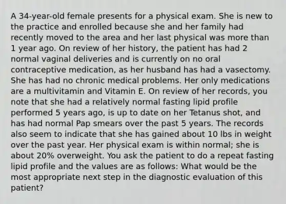 A 34-year-old female presents for a physical exam. She is new to the practice and enrolled because she and her family had recently moved to the area and her last physical was more than 1 year ago. On review of her history, the patient has had 2 normal vaginal deliveries and is currently on no oral contraceptive medication, as her husband has had a vasectomy. She has had no chronic medical problems. Her only medications are a multivitamin and Vitamin E. On review of her records, you note that she had a relatively normal fasting lipid profile performed 5 years ago, is up to date on her Tetanus shot, and has had normal Pap smears over the past 5 years. The records also seem to indicate that she has gained about 10 lbs in weight over the past year. Her physical exam is within normal; she is about 20% overweight. You ask the patient to do a repeat fasting lipid profile and the values are as follows: What would be the most appropriate next step in the diagnostic evaluation of this patient?