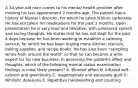 A 34-year-old man comes to his mental health provider after missing his last appointment 2 months ago. The patient has a history of bipolar I disorder, for which he takes lithium carbonate. He has not taken his medications for the past 2 months. Upon presentation he is very loud and talkative, with pressured speech and racing thoughts. He states that he has not slept for the past 4 days because he has been working to establish a catering service, for which he has been buying many kitchen utensils, baking supplies, and recipe books. He has also been "sampling wines from around the world" so that he can become a wine expert for his new business. In assessing the patient's affect and thoughts, which of the following mental status examination findings is most likely present? A. Blunted affect B. Inflated self-esteem and grandiosity C. Inappropriate and excessive guilt D. Nihilistic delusions E. Repetitive handwashing and counting