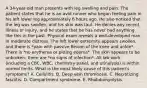 A 34-year-old man presents with leg swelling and pain. The patient states that he is an avid runner who began feeling pain in his left lower leg approximately 6 hours ago. He also noticed that the leg was swollen, and his skin was taut. He denies any recent illness or injury, and he states that he has never had anything like this in the past. Physical exam reveals a well-developed man in moderate distress. The left lower extremity appears swollen, and there is *pain with passive flexion of the knee and ankle*. There is *no erythema or pitting edema*. The skin appears to be unbroken; there are *no signs of infection*. All lab work (including a CBC, WBC, chemistry panel, and urinalysis) is within normal limits. What is the most likely cause of this patient's symptoms? A. Cellulitis. B. Deep vein thrombosis. C. Necrotizing fasciitis. D. Compartment syndrome. E. Rhabdomyolysis.