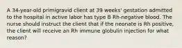 A 34-year-old primigravid client at 39 weeks' gestation admitted to the hospital in active labor has type B Rh-negative blood. The nurse should instruct the client that if the neonate is Rh positive, the client will receive an Rh immune globulin injection for what reason?