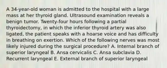 A 34-year-old woman is admitted to the hospital with a large mass at her thyroid gland. Ultrasound examination reveals a benign tumor. Twenty-four hours following a partial thyroidectomy, in which the inferior thyroid artery was also ligated, the patient speaks with a hoarse voice and has difficulty in breathing on exertion. Which of the following nerves was most likely injured during the surgical procedure? A. Internal branch of superior laryngeal B. Ansa cervicalis C. Ansa subclavia D. Recurrent laryngeal E. External branch of superior laryngeal