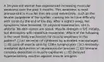 A 34-year-old woman has experienced increasing muscular weakness over the past 5 months. This weakness is most pronounced in muscles that are used extensively, such as the levator palpebrae of the eyelids, causing her to have difficulty with vision by the end of the day. After a night's sleep, her symptoms have lessened. On physical examination, she is afebrile. No skin rashes are noted. Muscle strength is 5/5 initially, but diminishes with repetitive movement. Which of the following is the most likely mechanism for muscle weakness in this patient? □ (A) Secretion of cytokines by activated macrophages □ (B) Lysis of muscle cells by CD8+ lymphocytes □(C) Antibody-mediated dysfunction of neuromuscular junction □ (D) Immune complex deposition in muscle capillaries □ (E) Delayed hypersensitivity reaction against muscle antigens