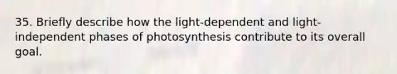 35. Briefly describe how the light-dependent and light-independent phases of photosynthesis contribute to its overall goal.