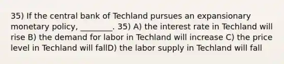 35) If the central bank of Techland pursues an expansionary monetary policy, ________. 35) A) the interest rate in Techland will rise B) the demand for labor in Techland will increase C) the price level in Techland will fallD) the labor supply in Techland will fall