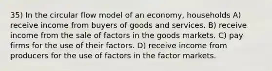 35) In the circular flow model of an economy, households A) receive income from buyers of goods and services. B) receive income from the sale of factors in the goods markets. C) pay firms for the use of their factors. D) receive income from producers for the use of factors in the factor markets.