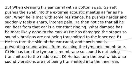 35) When cleaning his ear canal with a cotton swab, Garrett pushes the swab into the external acoustic meatus as far as he can. When he is met with some resistance, he pushes harder and suddenly feels a sharp, intense pain. He then notices that all he can hear from that ear is a constant ringing. What damage has he most likely done to the ear? A) He has damaged the stapes so sound vibrations are not being transmitted to the inner ear. B) He has torn the skin of the ear canal, and now blood is preventing sound waves from reaching the tympanic membrane. C) He has torn the tympanic membrane so sound is not being transmitted to the middle ear. D) He has torn the oval window so sound vibrations are not being transmitted into the inner ear.