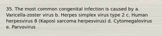 35. The most common congenital infection is caused by a. Varicella-zoster virus b. Herpes simplex virus type 2 c. Human herpesvirus 8 (Kaposi sarcoma herpesvirus) d. Cytomegalovirus e. Parvovirus